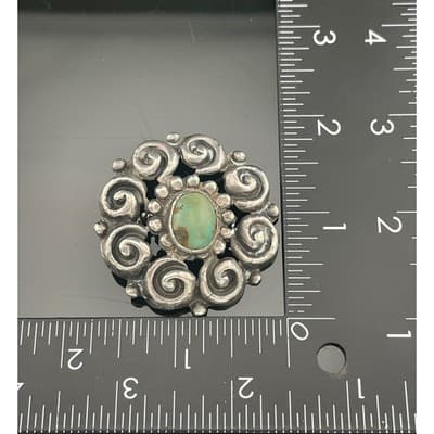 Antique Sterling Silver Turquoise Spiral Brooch Early 1900s Southwest Style - Thumbnail 12