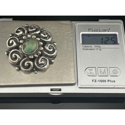 Antique Sterling Silver Turquoise Spiral Brooch Early 1900s Southwest Style - Thumbnail 11
