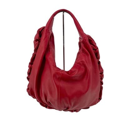Elie Tahari Red Leather Hobo Bag Slouchy Ruched Soft Shoulder Purse Handbag - Thumbnail 2