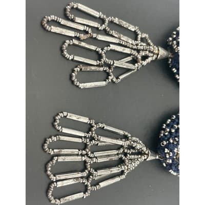 Antique Victorian Miser's Purse Steel Cut Beaded Knit Reticule W/ ring Navy blue - Thumbnail 2