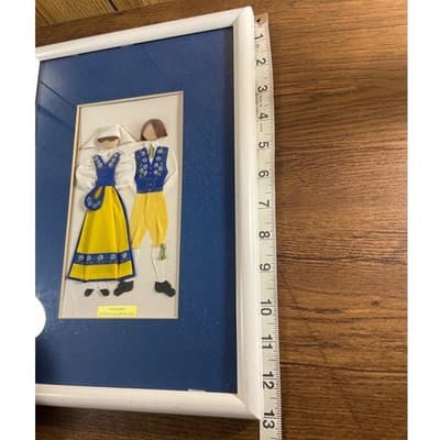 Vintage Swedish Folk Art Framed Textile National Costume Blue Yellow handmade - Thumbnail 7