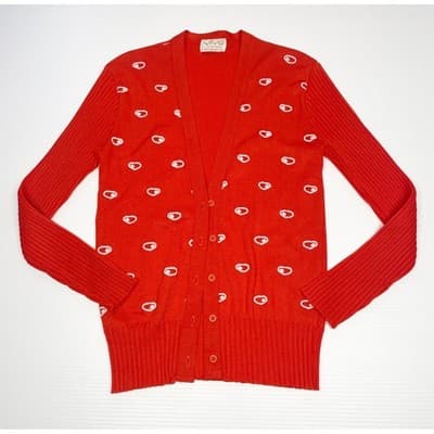 Vintage 70s Orange Graphic Dot Cardigan ILGWU Mod Knit Fitted Small Medium USA - Thumbnail 5