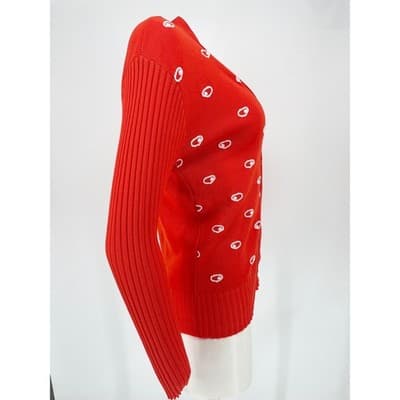 Vintage 70s Orange Graphic Dot Cardigan ILGWU Mod Knit Fitted Small Medium USA - Thumbnail 3