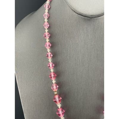 Vintage Pink Glass bicone Bead Necklace Long Graduated Faceted 41" Opera length - Thumbnail 9