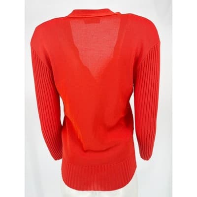 Vintage 70s Orange Graphic Dot Cardigan ILGWU Mod Knit Fitted Small Medium USA - Thumbnail 4