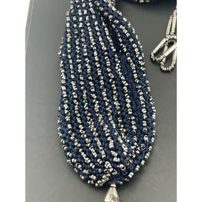 Antique Victorian Miser's Purse Steel Cut Beaded Knit Reticule W/ ring Navy blue - Thumbnail 7