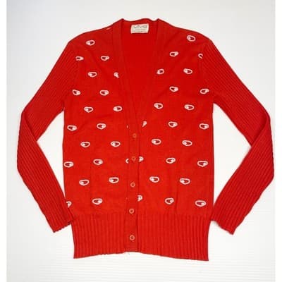 Vintage 70s Orange Graphic Dot Cardigan ILGWU Mod Knit Fitted Small Medium USA - Thumbnail 6