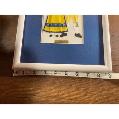 Vintage Swedish Folk Art Framed Textile National Costume Blue Yellow handmade - Thumbnail 6