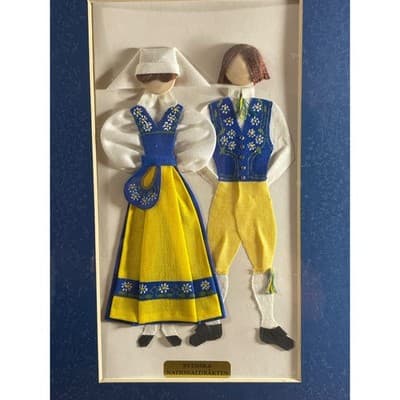 Vintage Swedish Folk Art Framed Textile National Costume Blue Yellow handmade - Thumbnail 2