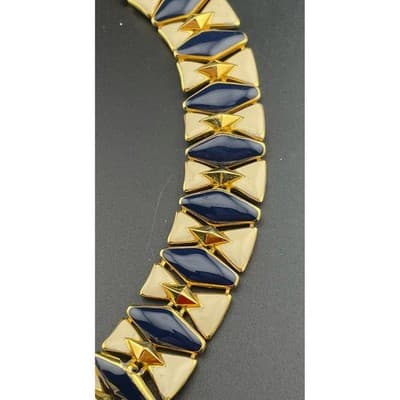 Vintage Monet Enamel Panel Necklace Navy Ivory Gold Tone Statement Collar 1980's - Thumbnail 6