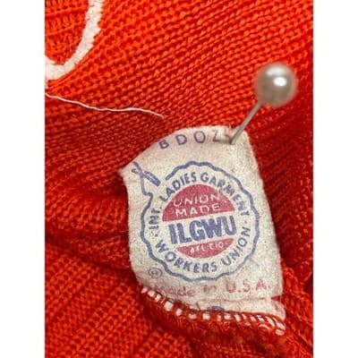 Vintage 70s Orange Graphic Dot Cardigan ILGWU Mod Knit Fitted Small Medium USA - Thumbnail 9