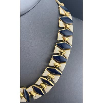Vintage Monet Enamel Panel Necklace Navy Ivory Gold Tone Statement Collar 1980's - Thumbnail 4