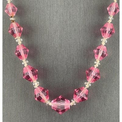 Vintage Pink Glass bicone Bead Necklace Long Graduated Faceted 41" Opera length - Thumbnail 10