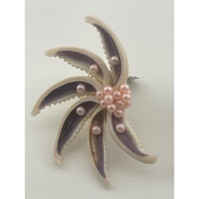 Vintage Cowrie Seashell Clip On Earrings Atomic starburst 50s MCM pink pearls - Thumbnail 2