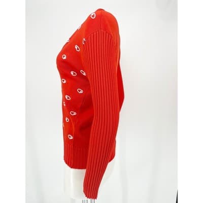 Vintage 70s Orange Graphic Dot Cardigan ILGWU Mod Knit Fitted Small Medium USA - Thumbnail 2