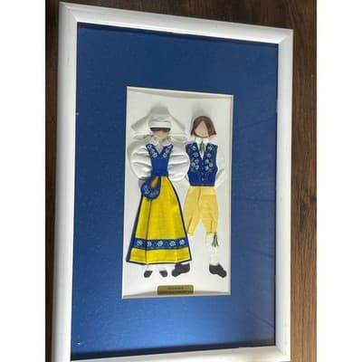 Vintage Swedish Folk Art Framed Textile National Costume Blue Yellow handmade - Thumbnail 3