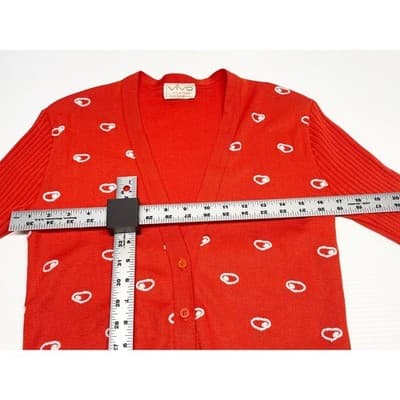 Vintage 70s Orange Graphic Dot Cardigan ILGWU Mod Knit Fitted Small Medium USA - Thumbnail 14
