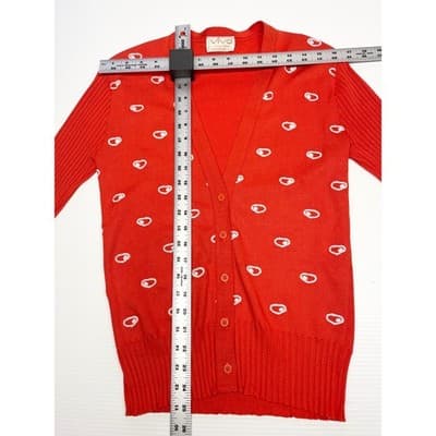 Vintage 70s Orange Graphic Dot Cardigan ILGWU Mod Knit Fitted Small Medium USA - Thumbnail 13