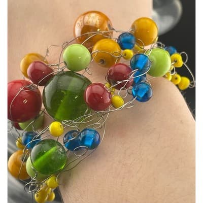 Manouk Sculptural Glass Bead Bracelet Statement Multicolor Wire Wrap art to wear - Thumbnail 3
