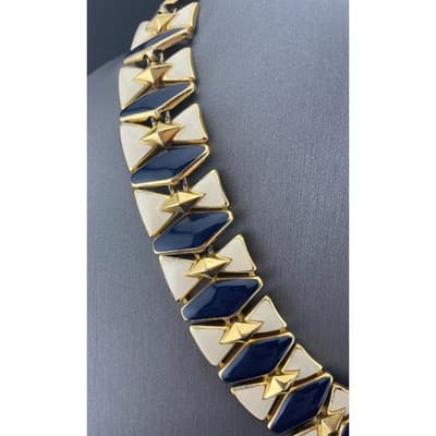Vintage Monet Enamel Panel Necklace Navy Ivory Gold Tone Statement Collar 1980's - Thumbnail 2