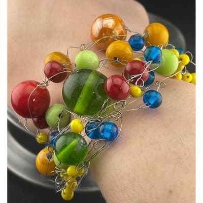 Manouk Sculptural Glass Bead Bracelet Statement Multicolor Wire Wrap art to wear - Thumbnail 4