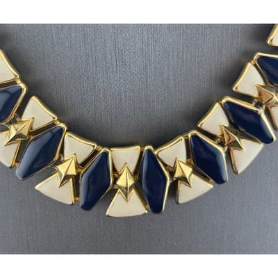Vintage Monet Enamel Panel Necklace Navy Ivory Gold Tone Statement Collar 1980's - Thumbnail 3