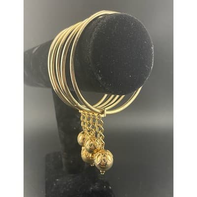 MCM Brutalist Brass Bangle Set w/ Orb Drops Asymmetrical Sculptural statement - Thumbnail 11