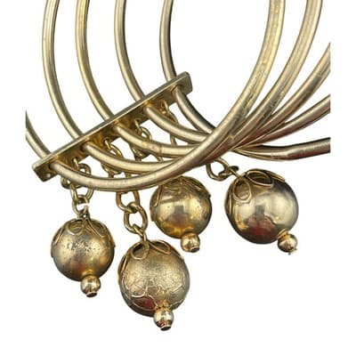 MCM Brutalist Brass Bangle Set w/ Orb Drops Asymmetrical Sculptural statement - Thumbnail 3