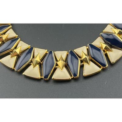 Vintage Monet Enamel Panel Necklace Navy Ivory Gold Tone Statement Collar 1980's - Thumbnail 7