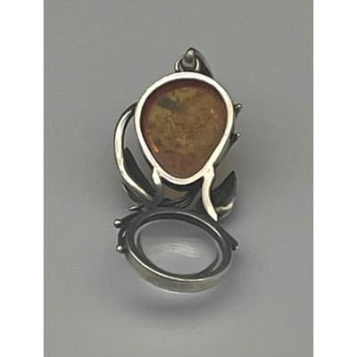 Vintage Artisan Sterling Silver Amber Pendant Sculptural Modernist Botanical - Thumbnail 10