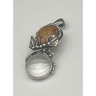 Vintage Artisan Sterling Silver Amber Pendant Sculptural Modernist Botanical - Thumbnail 9