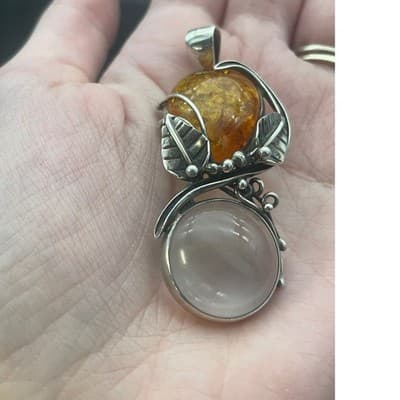 Vintage Artisan Sterling Silver Amber Pendant Sculptural Modernist Botanical - Thumbnail 14