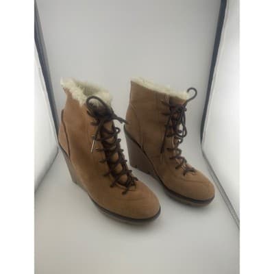 Michael Kors Suede Faux Shearling Wedge Ankle Boots, Size 6, lace-up Women's Tan - Thumbnail 3