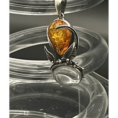 Vintage Artisan Sterling Silver Amber Pendant Sculptural Modernist Botanical - Thumbnail 2