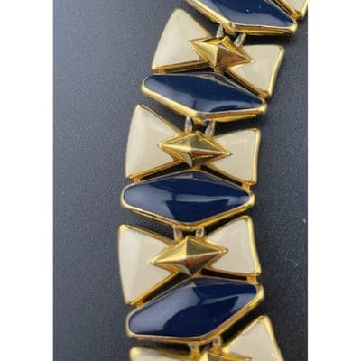 Vintage Monet Enamel Panel Necklace Navy Ivory Gold Tone Statement Collar 1980's - Thumbnail 5