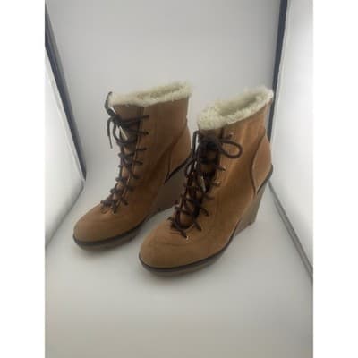 Michael Kors Suede Faux Shearling Wedge Ankle Boots, Size 6, lace-up Women's Tan - Thumbnail 4