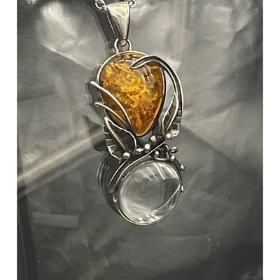 Vintage Artisan Sterling Silver Amber Pendant Sculptural Modernist Botanical - Thumbnail 5