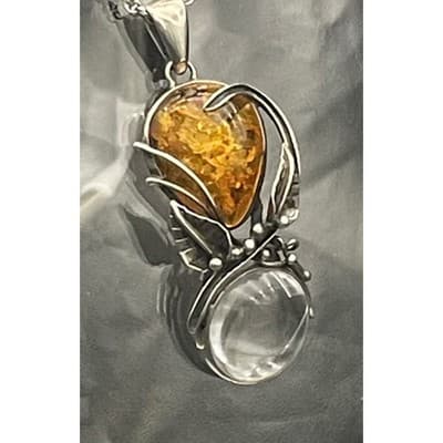 Vintage Artisan Sterling Silver Amber Pendant Sculptural Modernist Botanical - Thumbnail 6