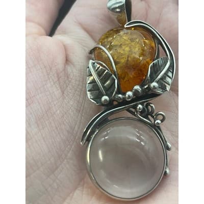 Vintage Artisan Sterling Silver Amber Pendant Sculptural Modernist Botanical - Thumbnail 15