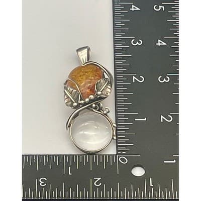 Vintage Artisan Sterling Silver Amber Pendant Sculptural Modernist Botanical - Thumbnail 19