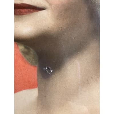 Vintage Hand Tinted Portrait Photograph Woman Red Background Framed 12x10 1940's - Thumbnail 3