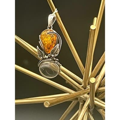 Vintage Artisan Sterling Silver Amber Pendant Sculptural Modernist Botanical - Thumbnail 8