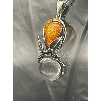 Vintage Artisan Sterling Silver Amber Pendant Sculptural Modernist Botanical - Thumbnail 4