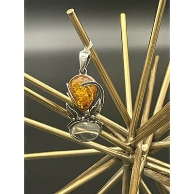 Vintage Artisan Sterling Silver Amber Pendant Sculptural Modernist Botanical - Thumbnail 7