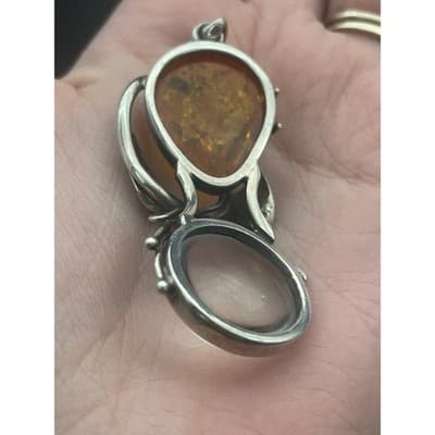 Vintage Artisan Sterling Silver Amber Pendant Sculptural Modernist Botanical - Thumbnail 13