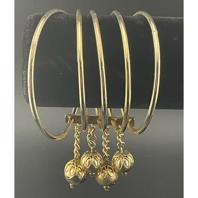MCM Brutalist Brass Bangle Set w/ Orb Drops Asymmetrical Sculptural statement - Thumbnail 7