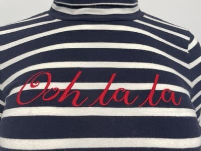 Talbots Long Sleeve Tee Stripe Ooh La La Embroidered Navy White Red Petite SP - Thumbnail 2