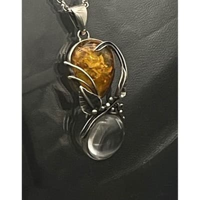 Vintage Artisan Sterling Silver Amber Pendant Sculptural Modernist Botanical - Thumbnail 3