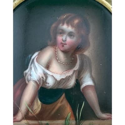 Antique Victorian Hand Painted Porcelain Portrait Brooch Miniature Pastoral - Thumbnail 3