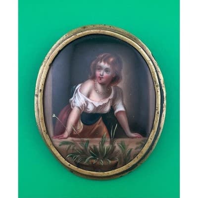 Antique Victorian Hand Painted Porcelain Portrait Brooch Miniature Pastoral - Thumbnail 2